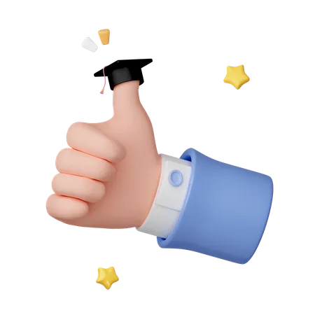 3 D Cartoon Thumb Up Hand Gesture With Graduation Cap Isolated On Pastel Background Icon Symbol Clipping Path Education 3 D Render Illustration 3D Icon