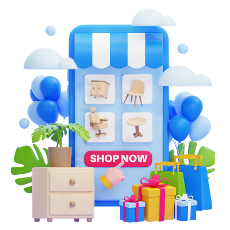 Tienda móvil de productos de mobiliario  3D Illustration