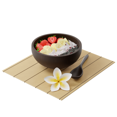 Tigela de smoothie de frutas vermelhas com sementes de morango, banana, coco e chia em uma esteira de bambu  3D Illustration