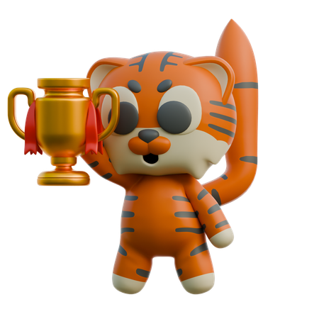 Tiger Holding Trophy  3D Illustration