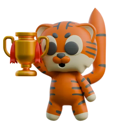 Tiger Holding Trophy  3D Illustration