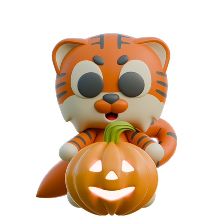 Tiger With Scary Pumpkin  3D Illustration
