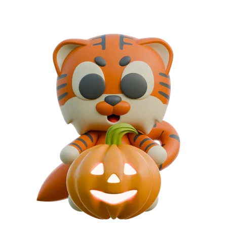 Tiger With Scary Pumpkin  3D Illustration