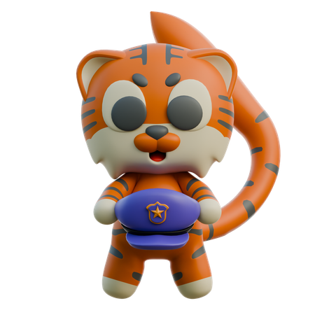 Tigre fofo segurando boné de polícia  3D Illustration