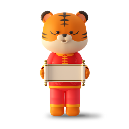 Tigre fofo segurando pergaminho chinês  3D Illustration
