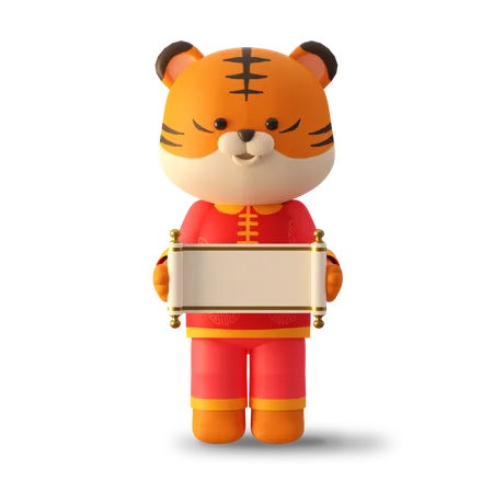 Tigre fofo segurando pergaminho chinês  3D Illustration