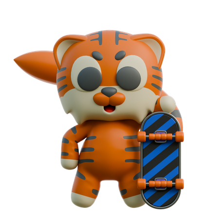 Tigre fofo segurando skate  3D Illustration