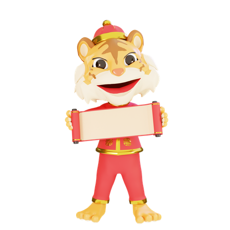 Tigre macho com pergaminho de papel  3D Illustration