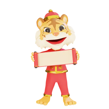 Tigre macho com pergaminho de papel  3D Illustration