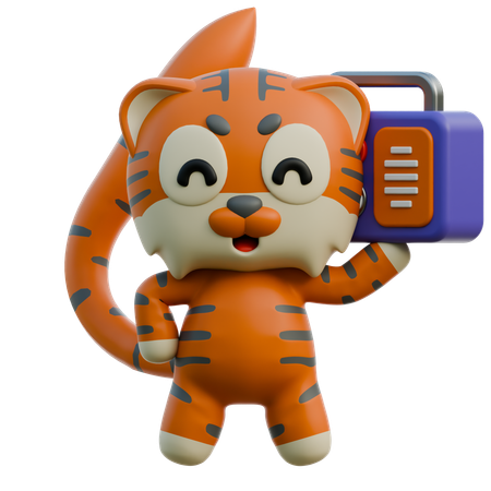 Tigre segurando rádio enquanto ouve música  3D Illustration
