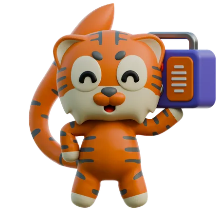 Tigre segurando rádio enquanto ouve música  3D Illustration
