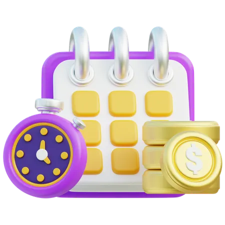 3 D Rendered Image Featuring A Calendar With Purple Bindings A Stopwatch And Gold Coins Stacked With A Dollar Sign Symbolizing The Integration Of Time Management And Financial Planning 3D Icon