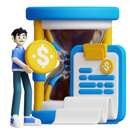 This 3 D Icon Illustrates A Person Holding A Dollar Coin Next To An Hourglass And A Financial Report Symbolizing The Concept That Time Is Money 3D Icon