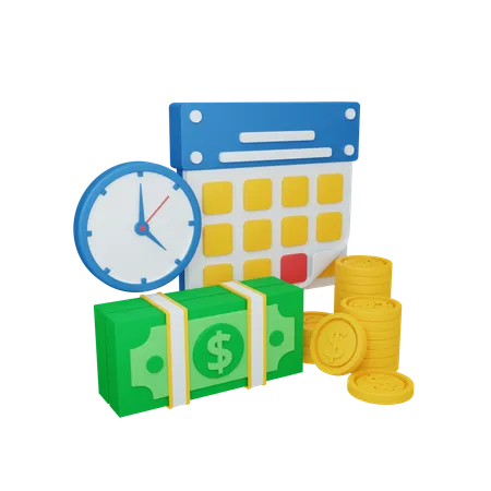 3 D Rendering Time Is Money Concept With Clock Calendar And Colorful Money 3D Illustration