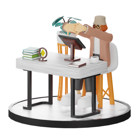 Tired Female Using Computer In Clean Workspace  3D Illustration