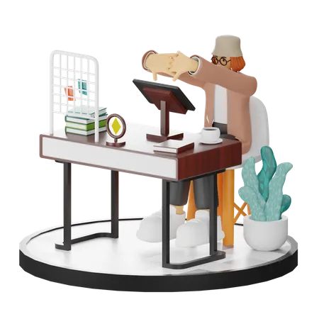 Tired Female Using Computer In Clean Workspace  3D Illustration