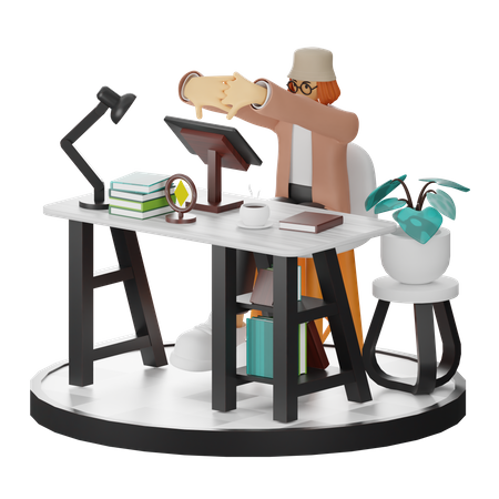 Tired Female Using Computer In Clean Workspace  3D Illustration