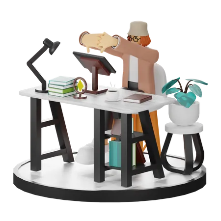 Tired Female Using Computer In Clean Workspace  3D Illustration