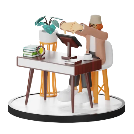 Tired Female Using Computer In Clean Workspace  3D Illustration