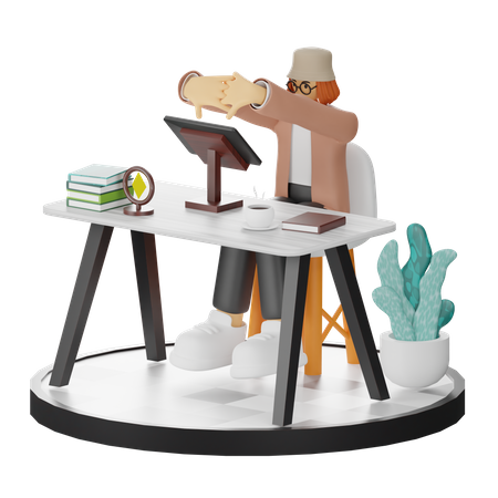 Tired Female Using Computer In Clean Workspace  3D Illustration