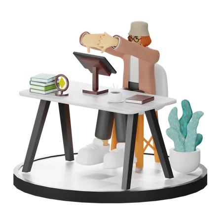 Tired Female Using Computer In Clean Workspace  3D Illustration