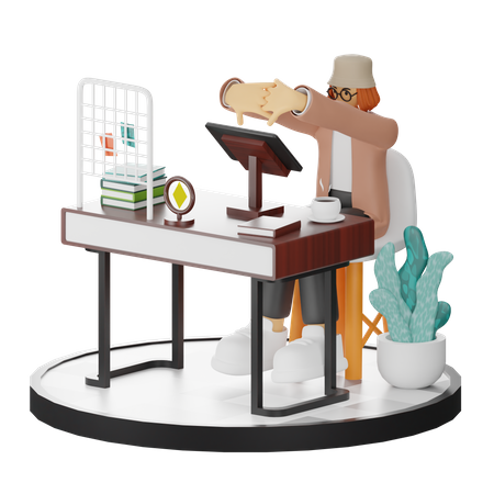 Tired Female Using Computer In Clean Workspace  3D Illustration