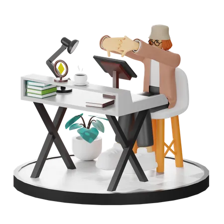Tired Female Using Computer In Clean Workspace  3D Illustration