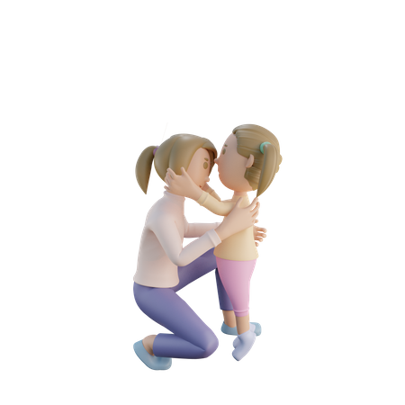 Tochter küsst Mutter auf die Stirn  3D Illustration