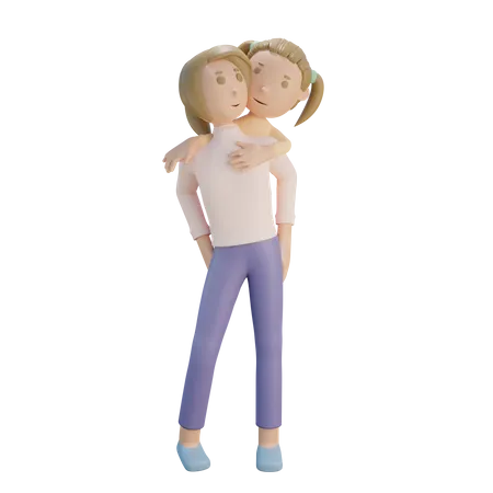 Tochter reitet auf dem Rücken der Mutter  3D Illustration