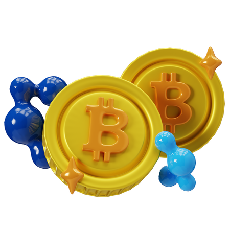 Fichas de Bitcoin doradas con moléculas azules  3D Illustration