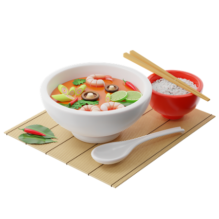 Tom Yam Kung soup in a buddha bowl  3D Illustration