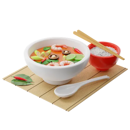 Tom Yam Kung soup in a buddha bowl  3D Illustration