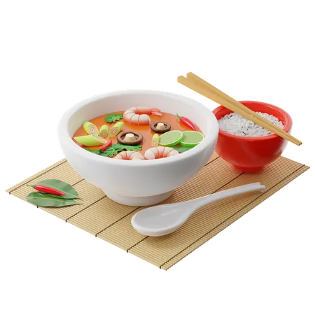 3 D Tom Yam Kung Suppe In Einer Buddha Schussel Neben Einem Teller Mit Reis Essstabchen Einem Loffel Und Chilischoten Auf Einer Bambusmatte 3D Illustration