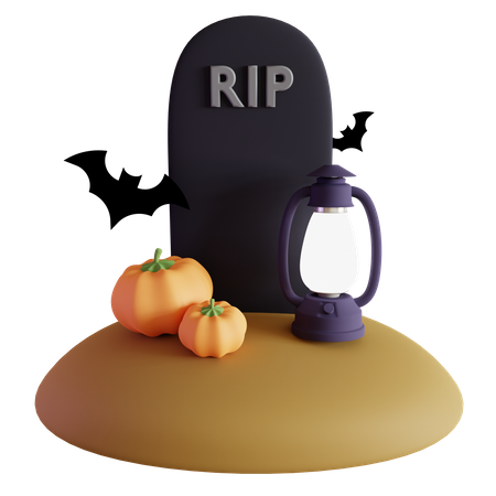 Tombstone Halloween with Pumkin and Latern  3D Icon