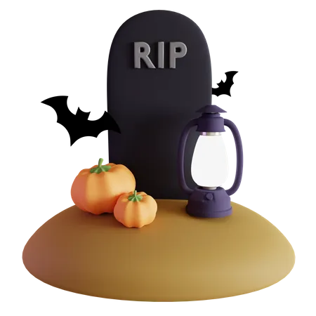 Tombstone Halloween with Pumkin and Latern  3D Icon