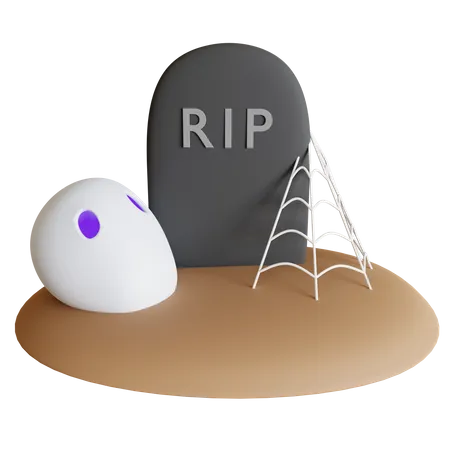 Tombstone Halloween with Skull and Spider Web  3D Icon