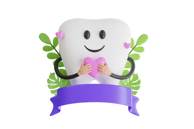 Mascot Of A Tooth Holding Heart In Love 3 D Tooth Holding A Red Heart 3 D Illustration 3D Icon