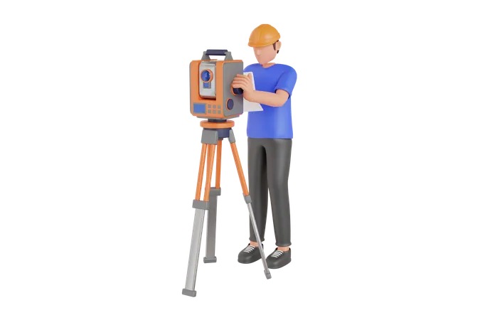 Ilustracao 3 D Do Trabalhador Topografo Com Teodolito Engenheiro Com Equipamento De Topografo Levantamento De Terreno Para Engenheiro Civil Com Equipamento Taqueometro Ou Teodolito 3D Illustration