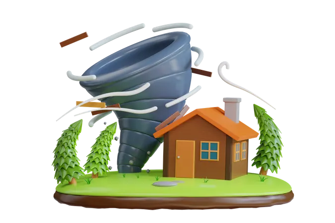 3 D Tornado Zerstort Haus Tornado Hurrikane Beschadigen Haus Und Baume 3 D Illustration Einer Naturkatastrophe 3D Illustration