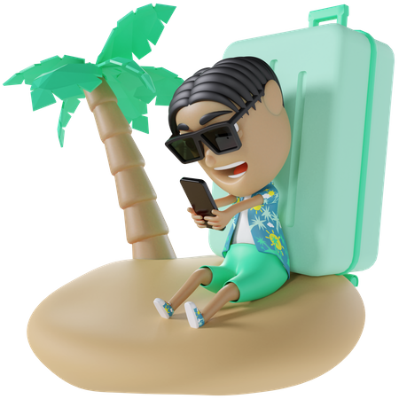 Tourist mit Handy am Strand  3D Illustration