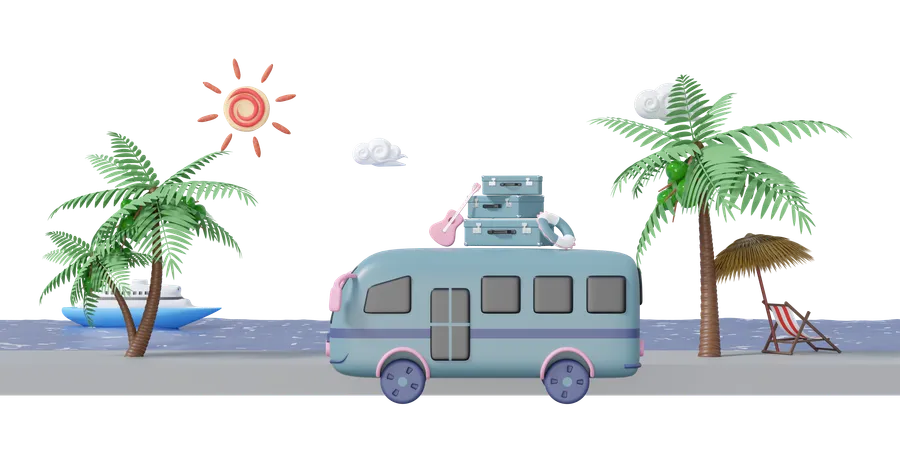3 D Tourist Buses Run Along The Beach Road With Luggage Guitar Isolated Summer Travel Concept 3 D Render Illustration 3D Icon
