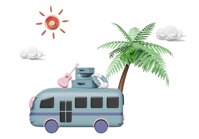 3 D Tourist Bus With Luggage Guitar Lifebuoy Palms Tree Sun Cloud Isolated Summer Travel Concept 3 D Render Illustration 3D Icon