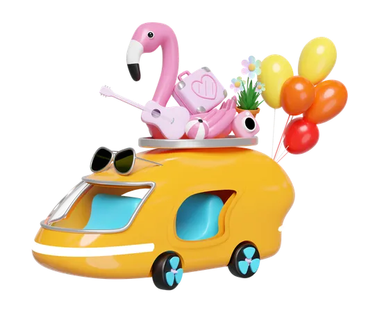 3 D Bus Or Van With Guitar Luggage Balloons Camera Sunglasses Flower Flamingo Isolated Summer Travel Concept 3 D Render Illustration 3D Illustration