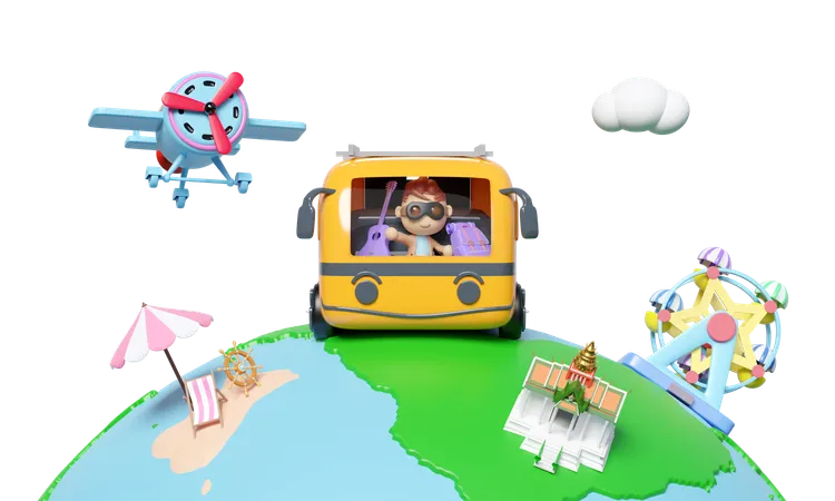 Tourist Buses Run Around The World With Boy Plane Luggage Guitar Measure Ferris Wheel Island Isolated Travel Around The World Concept 3 D Render Illustration 3D Illustration
