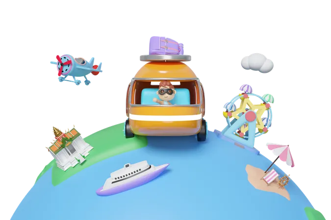 Tourist Buses Run Around The World With Boy Propeller Plane Luggage Measure Ferris Wheel Island Isolated Travel Around The World Concept 3 D Render Illustration 3D Illustration