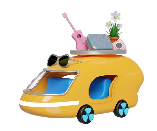 3 D Bus Or Van With Guitar Luggage Camera Sunglasses Flower Isolated Summer Travel Concept 3 D Render Illustration 3D Illustration