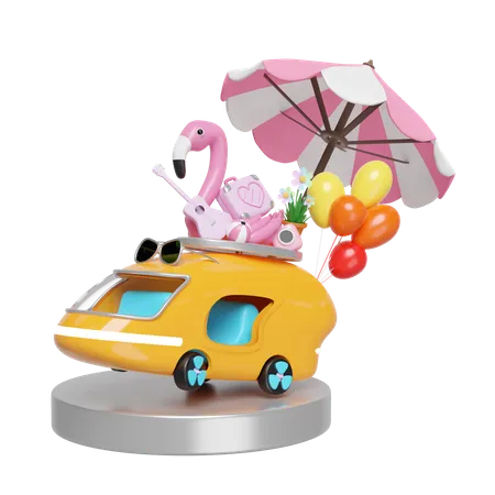 3 D Bus Or Van On Podium With Guitar Luggage Balloons Camera Sunglasses Flower Umbrella Flamingo Isolated Summer Travel Concept 3 D Render Illustration 3D Illustration