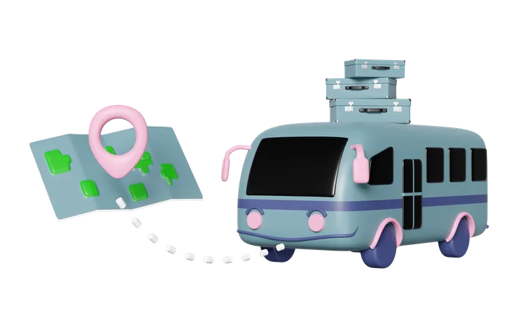 3 D Tourist Buses Search For Their Destinations With Luggage Map Pin Isolated Summer Travel Concept 3 D Render Illustration 3D Icon