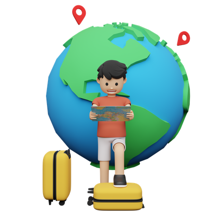 Tourist finding location on map  3D Illustration