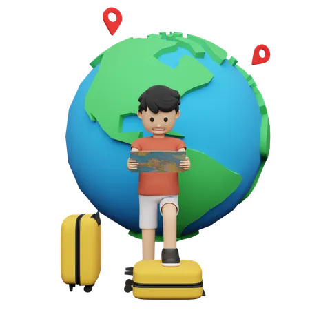 Tourist finding location on map  3D Illustration